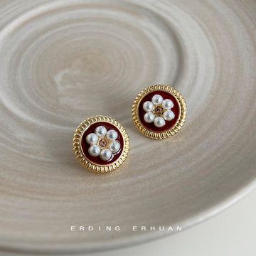 Gold Wine Red Pearl Flower Round Stud Earrings Pair