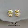Gold Tone Green White Enamel And Clear Stone Stripe Chunky Stud Earrings view 4