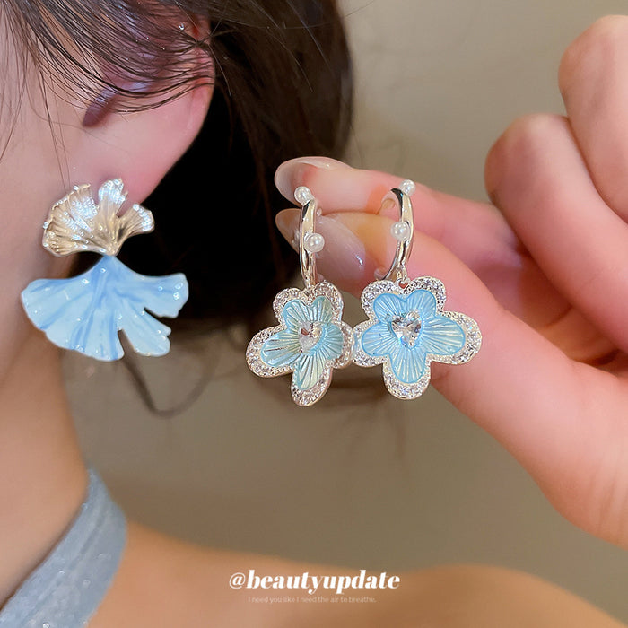 Blue Floral Drop Earrings with Shell Like Petal Tops