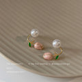 Gold Pink Tulip Pearl Dual Wear Ear Jacket Earrings view 4