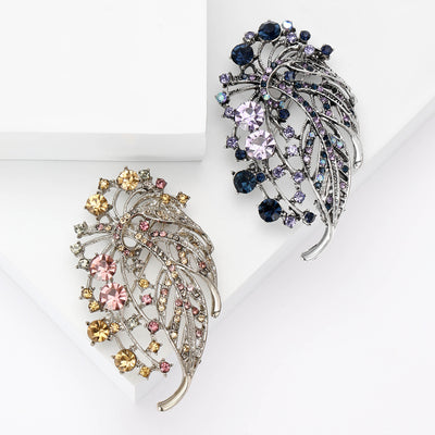 Curved Crystal Leaf Spray Brooch isolated front view