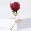 Fabric Flower Bud Brooch Gold Stem Rhinestone Leaf Pin view 4