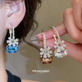 Gold Tone Square Gem Flower Hoop Earrings in Three Colors view 2