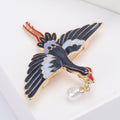 Flying Crane Brooch with Pearl Drop in Black or White Enamel view 4