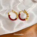 Gold Tone Red Enamel Floral Hoop Earrings Jewelry Pair view 4