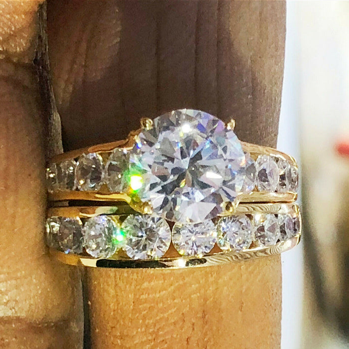 Gold Two Piece Ring Set Large Round Clear Center Stone