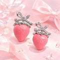 Pink Strawberry and Silver Bow Novelty Stud Earrings view 3