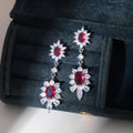 Silver Tone Red Oval Drop Earrings Floral Clear Halo Dangles view 2