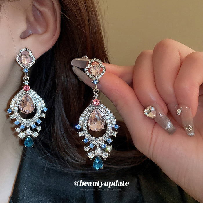 Pink and Blue Crystal Fan Teardrop Earrings Jewelry