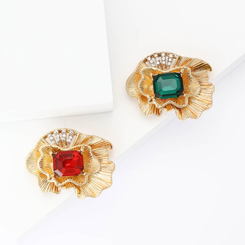 Red and green center stone gold ruffled flower brooches pair