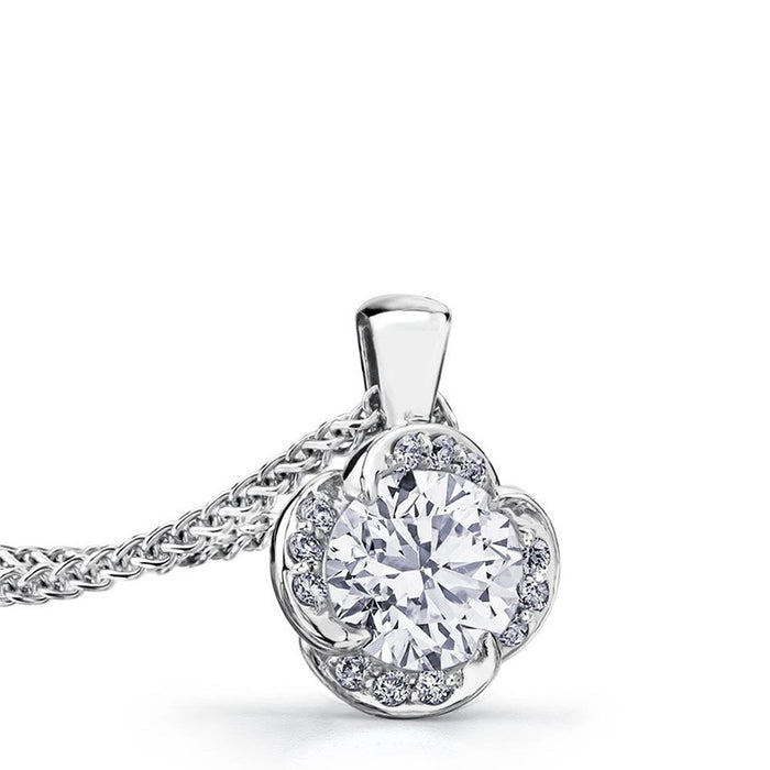 Leaf Accent Round Crystal Pendant Necklace in Polished Metal