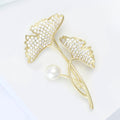 Ginkgo Leaf Pearl Brooch in Detailed Metal and Crystal Design view 2