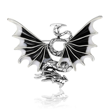 Winged Enamel Dragon Brooch with Polished Metal and Decorative Accents