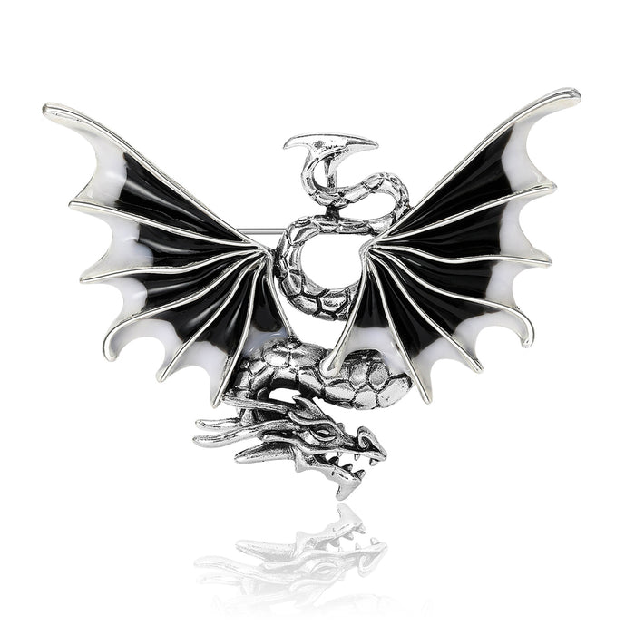 Winged Enamel Dragon Brooch with Polished Metal and Decorative Accents