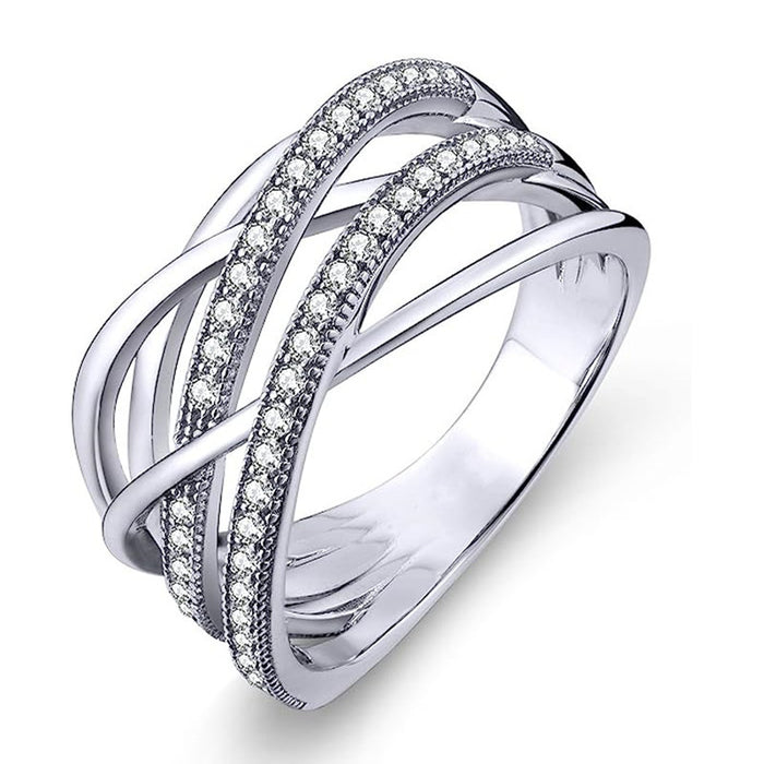 Silver Tone Multi Band Crisscross Clear Stone Ring Sizes 6-10