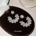 Silver Tone Pearl Look Crescent Stud Earrings with Beaded Texture view 1