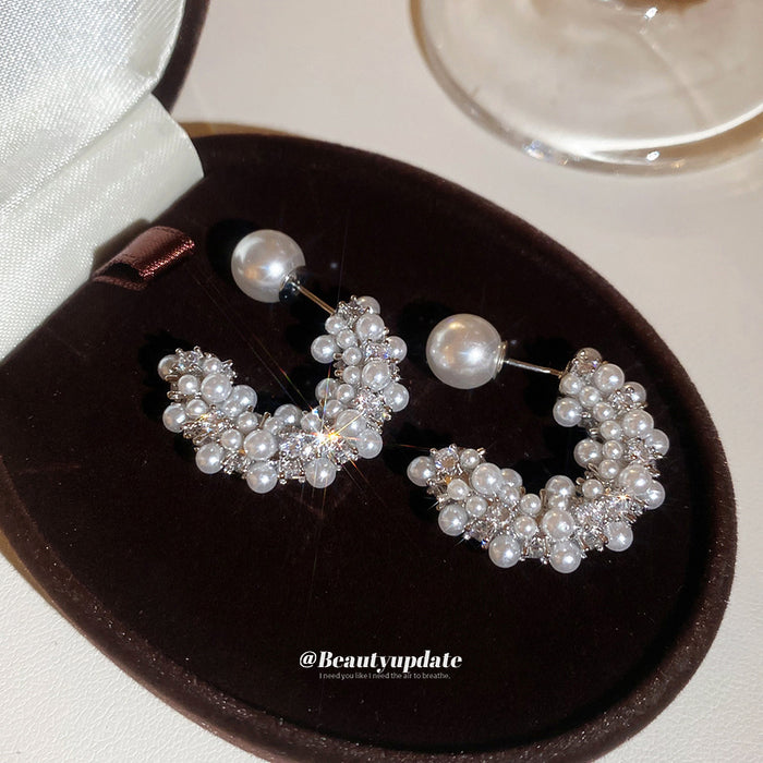 Silver Tone Pearl Look Crescent Stud Earrings with Beaded Texture