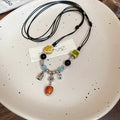 Black Multi Cord Ceramic Bead Fortune Charm Necklace view 6