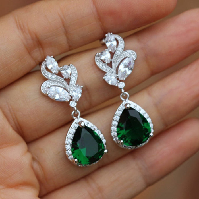 Pear-Shaped Halo Leaf Cluster Long Earrings In Three Colors