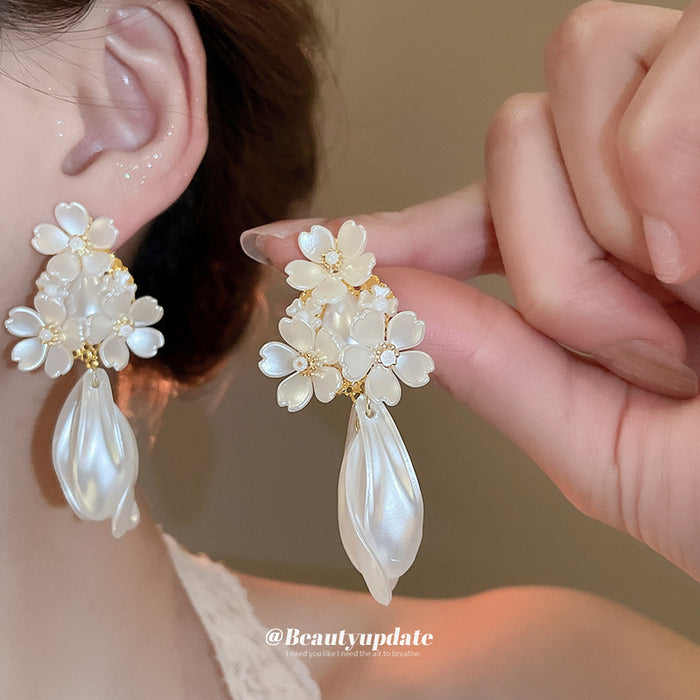 White Floral Pearl Stud and Hoop Earrings in Fourteen Styles