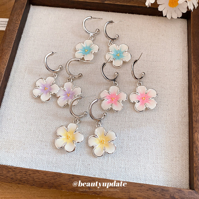 Pastel Flower Silver Tone C Hoop Earrings Four Colors