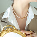 White Pearl Necklace Gold Geometric Square Bead Center view 4