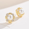 Gold-Tone Faux Pearl Stud Earrings Clear Stone Halo Frame view 3