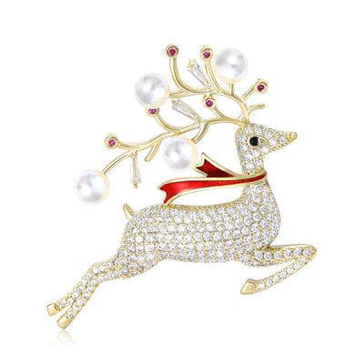 Gold crystal reindeer with red scarf front