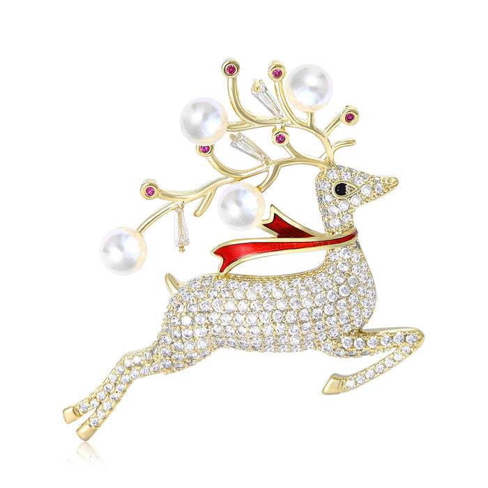 Gold Crystal Reindeer Brooch Red Scarf Pearl Antlers