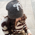 Fuzzy Bow Motif Knit Beanie Hat In Gray And Black Tones view 3
