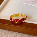 Red Enamel Quilted Open Ring Gold Tone Metal Adjustable view 4