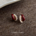 Gold Tone Burgundy Irregular Stone White Pearl Edge Stud Earrings view 4