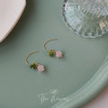 Gold Tone Green Leaf And Pink Flower Fruit Hook Earrings view 4