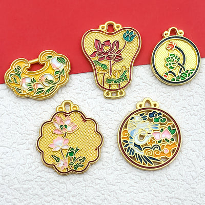 Colorful tag charms arranged on a light background