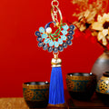 Enamel Peacock Keychains with Royal Blue Sky Blue and Assorted Tassels view 3