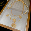 Layered Gold Sun Pendant Pearl Multi Strand Necklace view 6