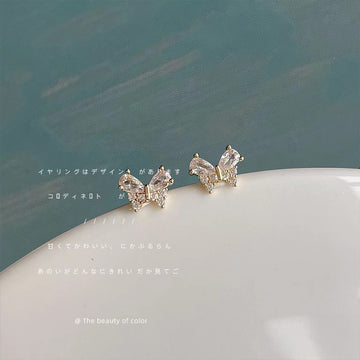 Gold Clear Cubic Zirconia Butterfly Wing Stud Earrings
