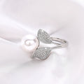 White Gold Pearl Twin Leaf Pavé Bypass Ring Metal Alloy view 5
