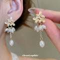 Gold Floral Pearl Cluster Drop Stud Earrings Jewelry Pair view 2