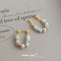 Gold Tone Aqua Disc Pink White Chip Hoop Drop Stud Earrings view 3