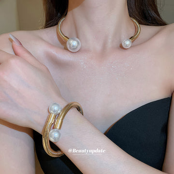 Snake Coil Pearl Open Cuff Choker and Bracelets Metal
