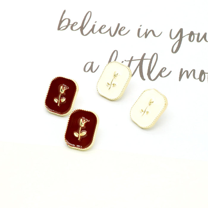 Gold Tone Rectangular Enamel Rose Stud Earrings in Two Colors