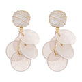 White Shell Disc Drop Earrings with Gold Tone Studs view 5