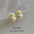 Gold Tone Green White Enamel And Clear Stone Stripe Chunky Stud Earrings view 1