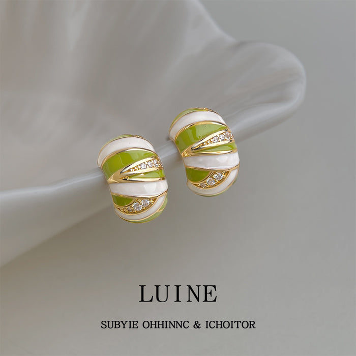 Gold Tone Green White Enamel And Clear Stone Stripe Chunky Stud Earrings