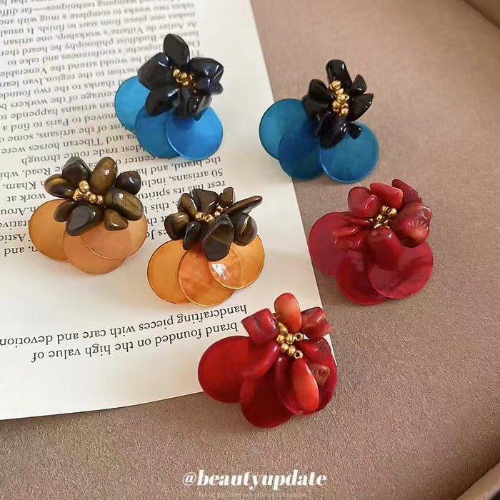 Flower and Double Disc Cluster Stud Earrings Statement Fashion Jewelry