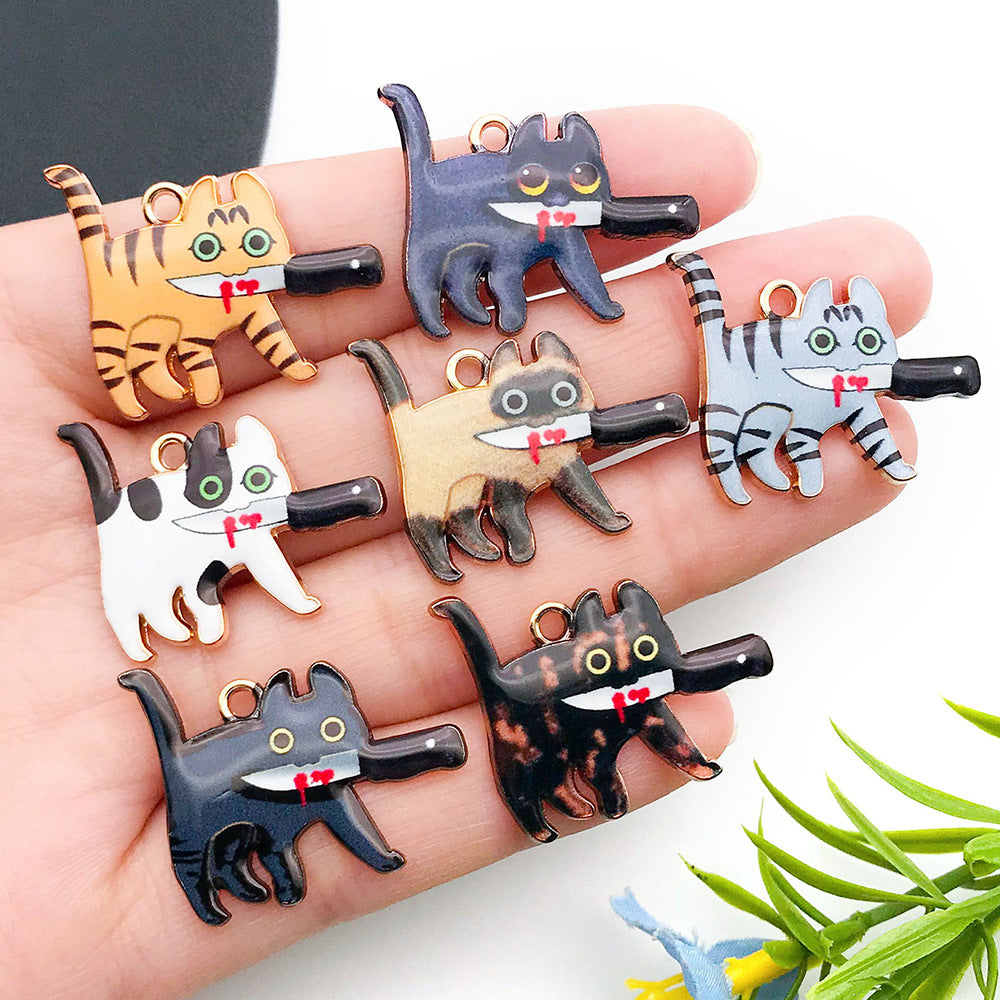 Zinc Alloy Cat with Knife Charm Pendant for DIY Earrings Necklace Keychain Jewelry