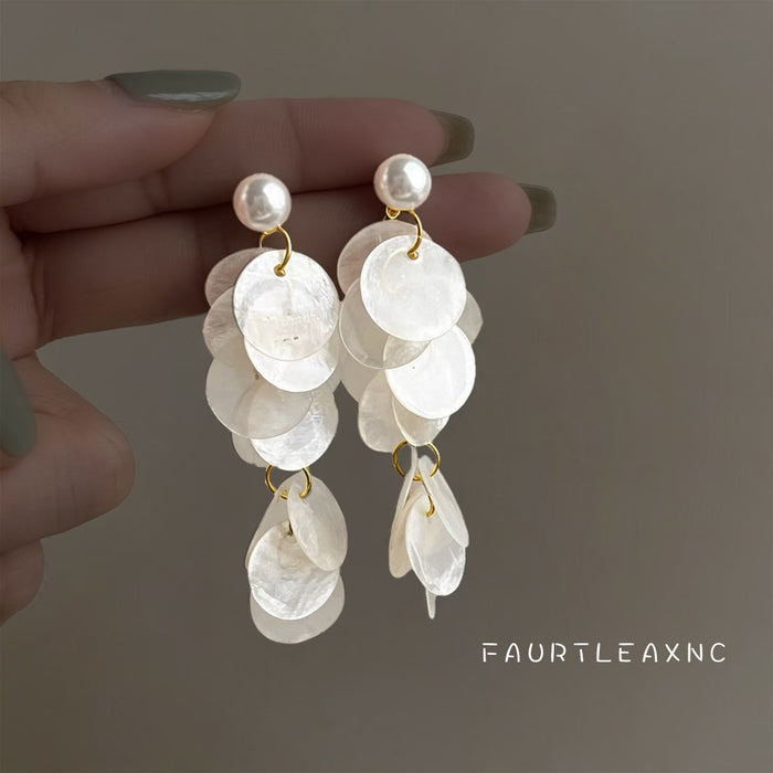 Gold Tone White Pearl And Translucent Shell Disc Long Stud Earrings