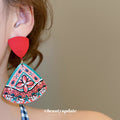 Red Patterned Triangle Drop Earrings With Beaded Trim view 3