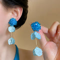 Blue Fabric Petal Tassel Earrings in Two Designs Fashion Jewelry view 3